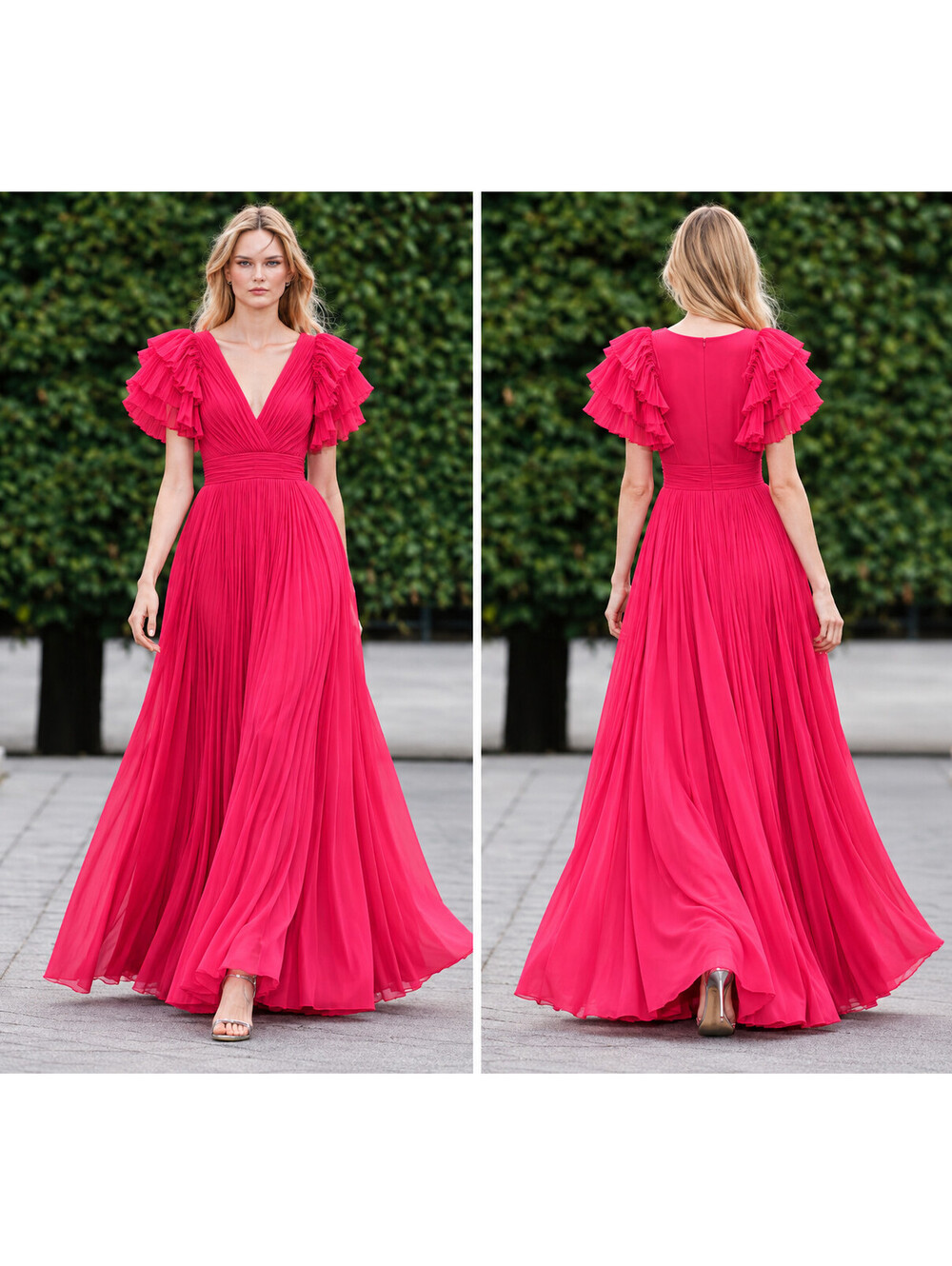 Badgley Mischka Pink Pleated Chiffon Ruffle Sleeve Maxi Gown Evening sz 4 Runway